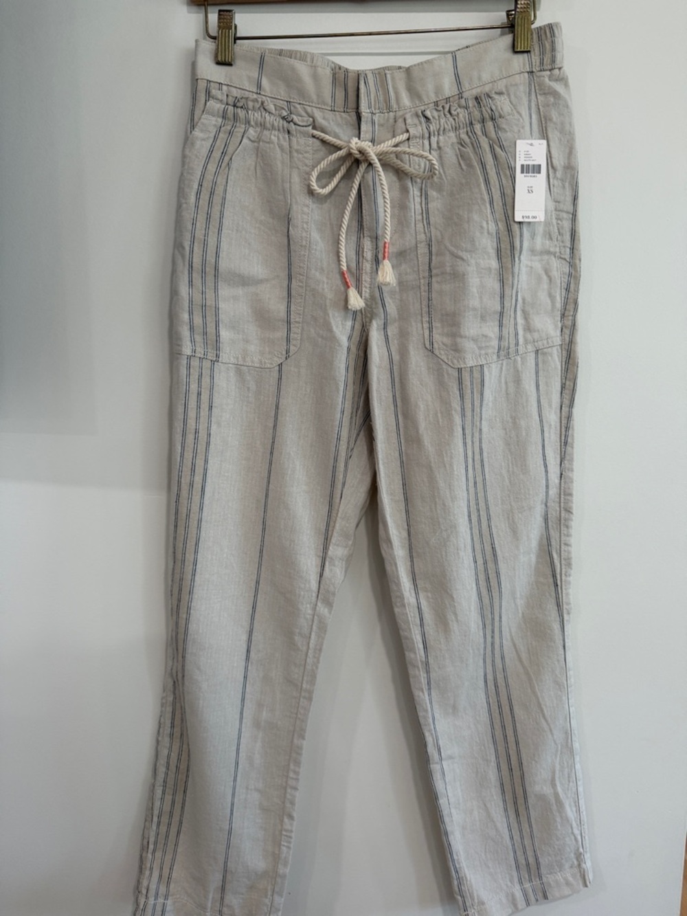Anthropologie Natural Beige Linen-Blend Striped Drawstring Trousers